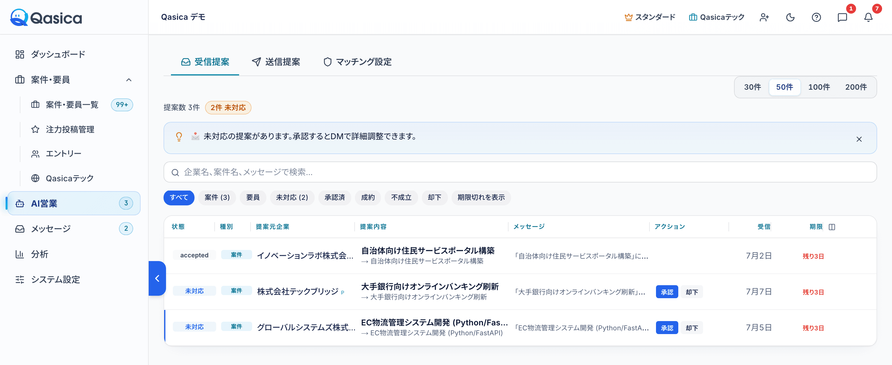 Qasica の AI営業画面