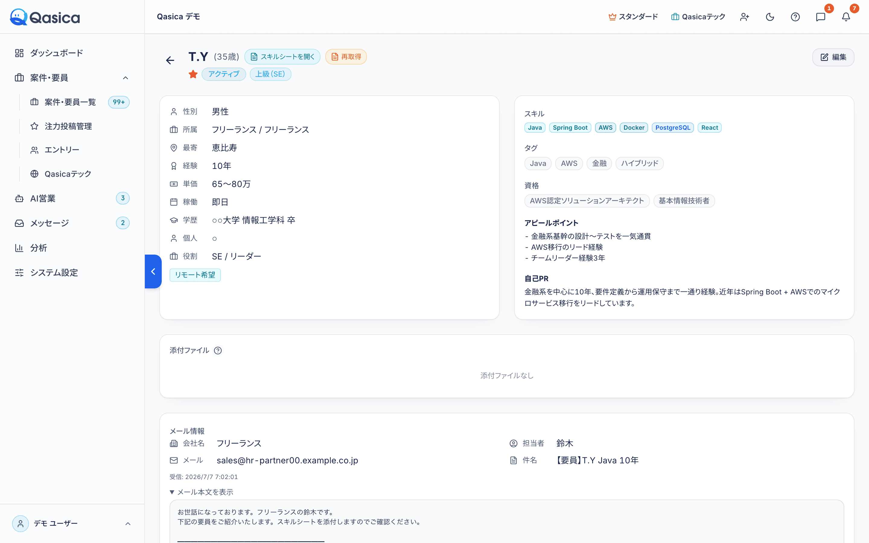 Qasica の要員詳細画面