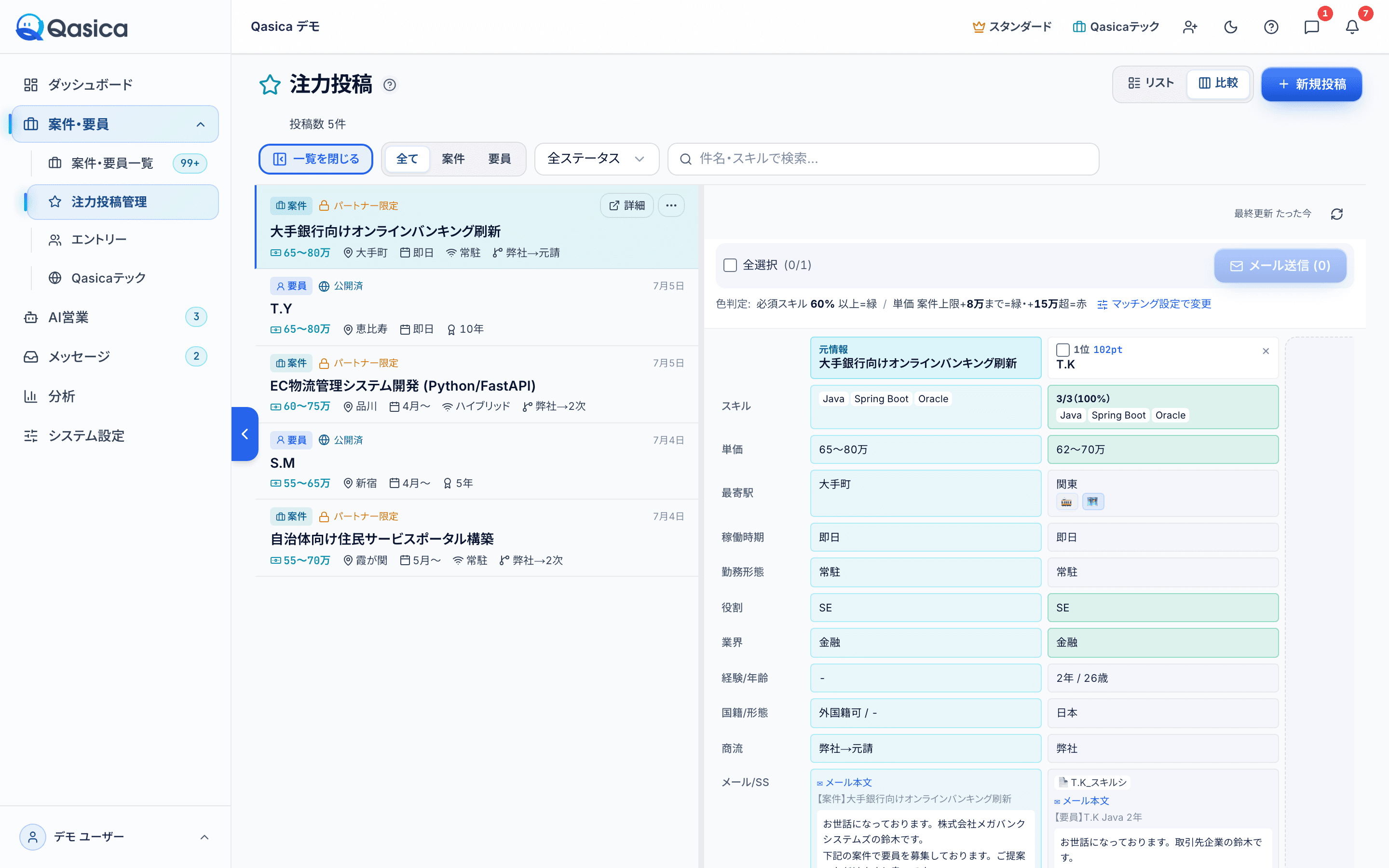 Qasica の注力投稿・比較画面